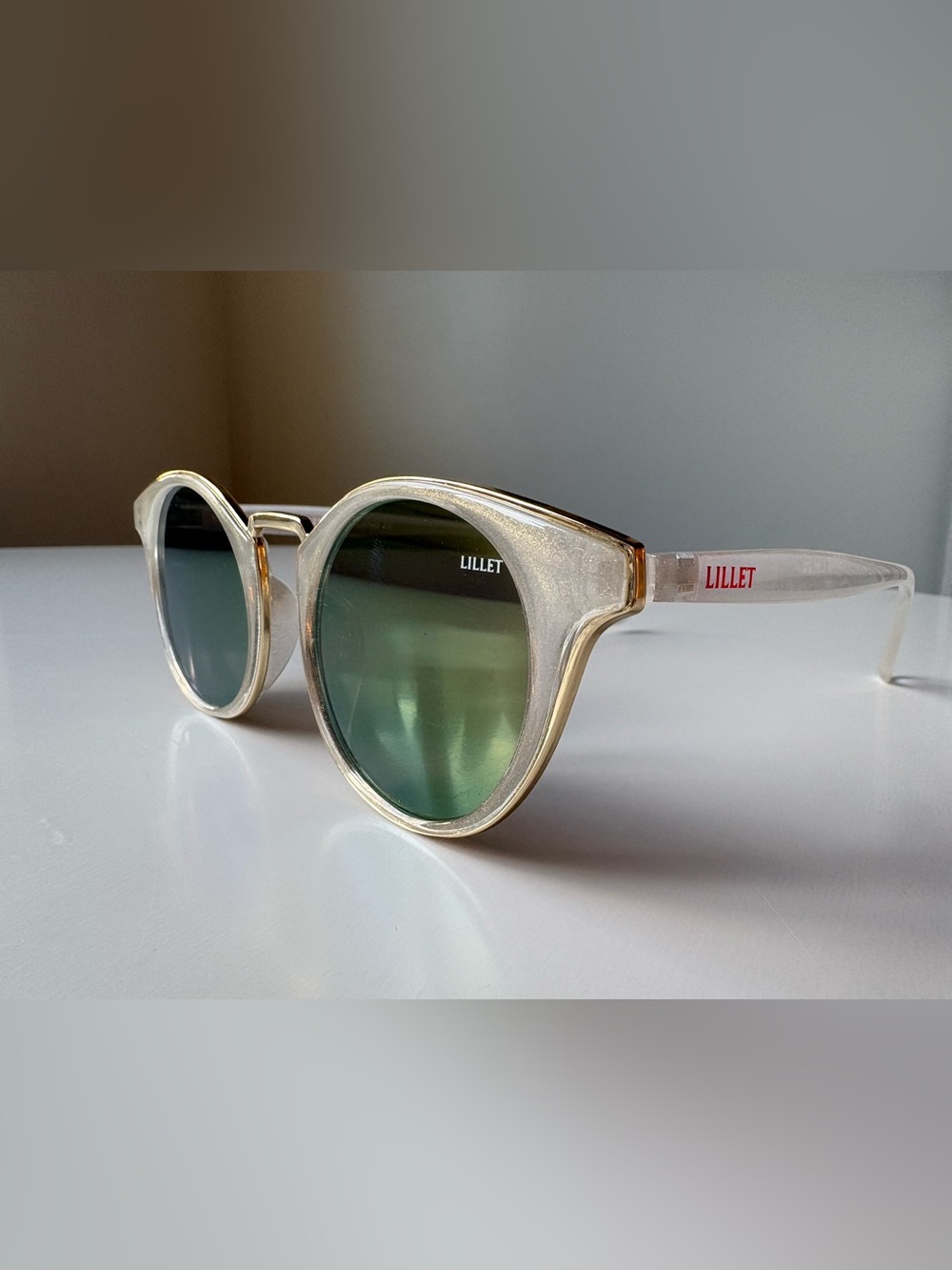 Rare Lillet Clear Champagne Sparkle Gold Rim Sunglasses with Green Lenses